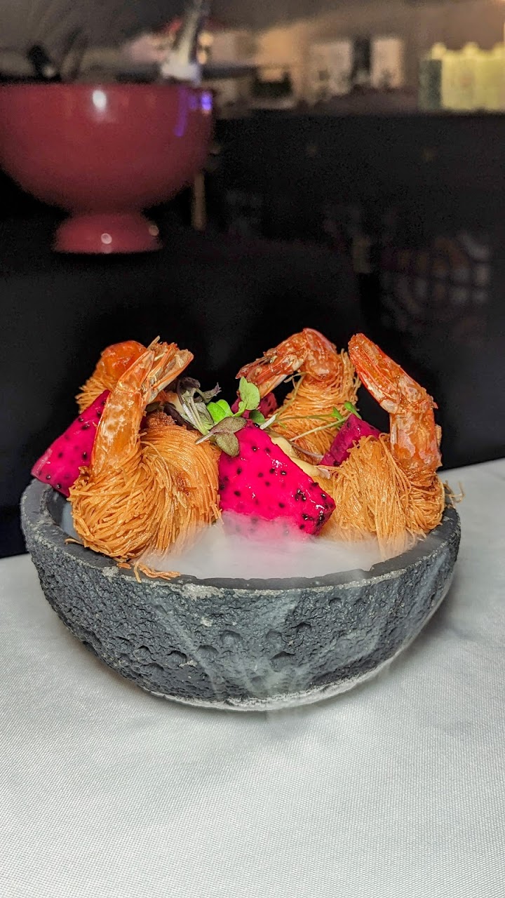 Kataifi prawns with dragonfruit and mist